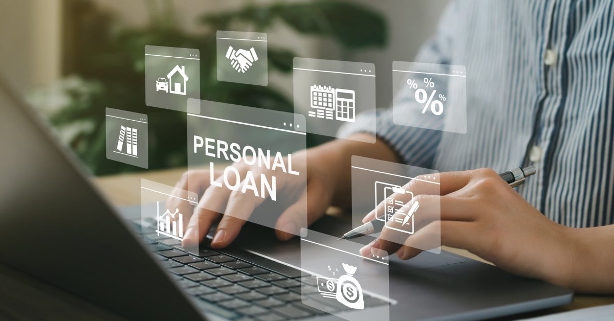 A close-up of a person typing on a computer while various abstract symbols float over the keyboard.